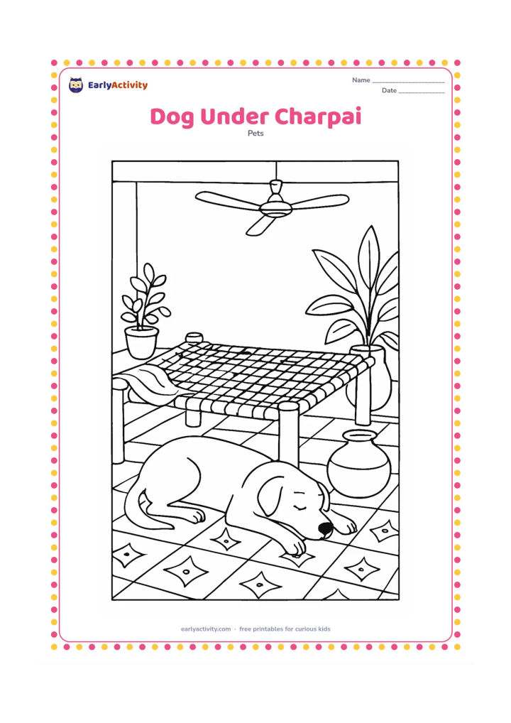 Colouring page: Draw a relaxed dog resting in the shade beneath a woven charpai on a warm afternoon veranda. Add a clay pot, a ceiling fan, potted plants, a folded cloth, and patterned floor tiles.