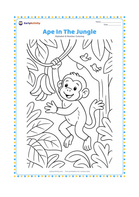 Colouring page: Draw a friendly ape swinging from a thick vine while reaching toward a cluster of bananas. Surround it with large jungle leaves, a distant tree trunk, and two small birds.