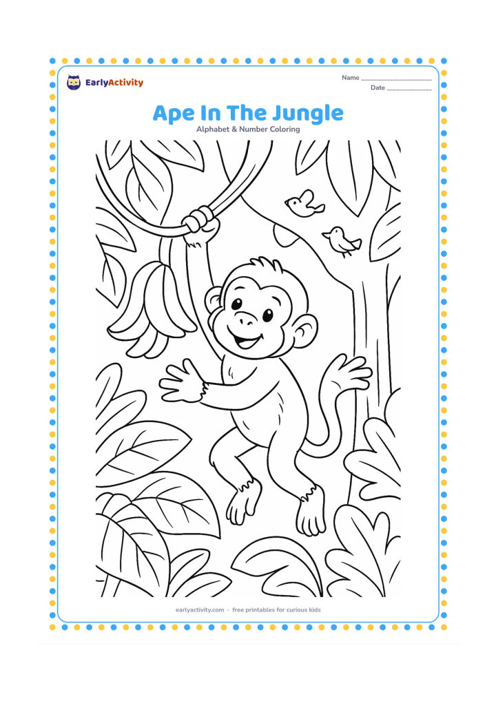 Colouring page: Draw a friendly ape swinging from a thick vine while reaching toward a cluster of bananas. Surround it with large jungle leaves, a distant tree trunk, and two small birds.