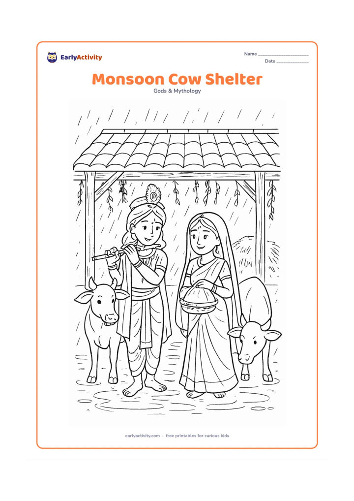 Colouring page: Draw Radha and Krishna standing under a tiled village shelter with two cows during a gentle monsoon shower. Krishna holds his flute, Radha carries a covered basket, and the scene…