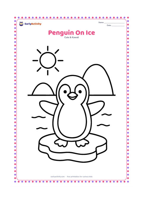 Colouring page: A smiling penguin stands on a small ice floe with flippers open. Add two rounded snow mounds and a simple sun above a calm sea.