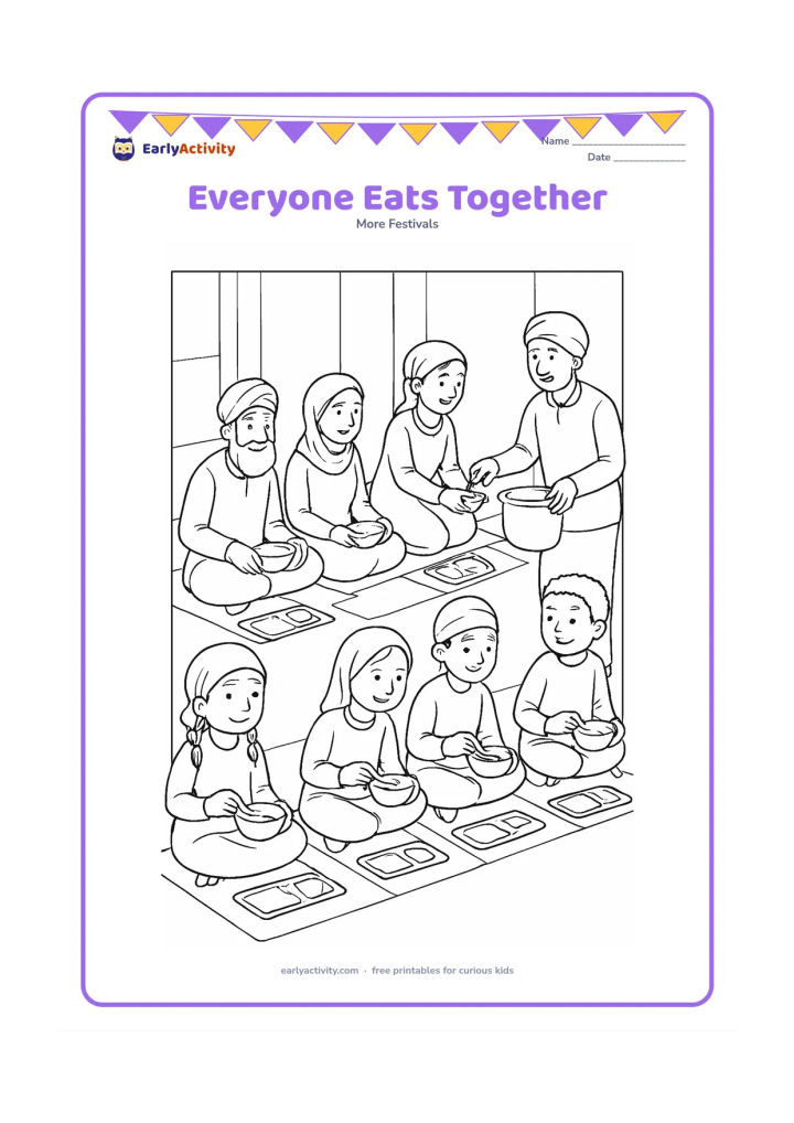 Colouring page: Draw a diverse group of children and adults sitting in two rows on floor mats during langar, eating from bowls while volunteers serve food. Include simple trays, cups and a plain…