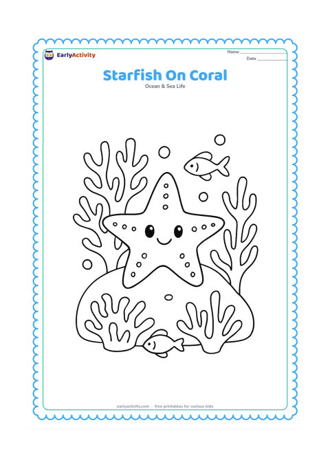 Colouring page: Draw a five-armed starfish resting across a rounded coral mound, with branching coral, small bubbles and two tiny fish.