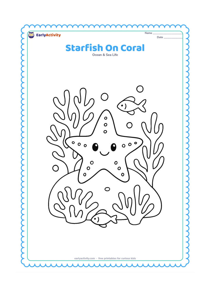 Colouring page: Draw a five-armed starfish resting across a rounded coral mound, with branching coral, small bubbles and two tiny fish.