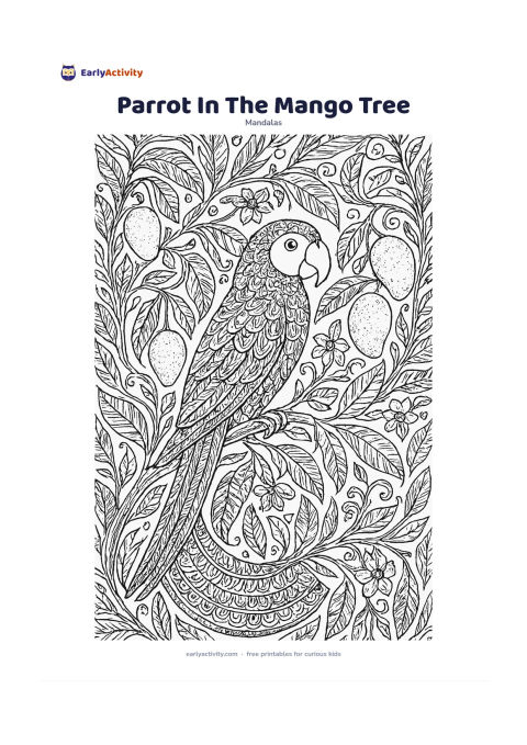 Colouring page: Show a parrot perched on a mango branch at the centre, with its tail feathers extending into a patterned lower ring. Surround it with mango leaves, blossoms, fruit shapes, curling…