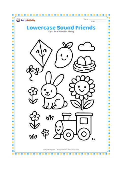 Colouring page: Draw a cheerful group of six friendly objects in a meadow: a kite, mango, nest, rabbit, sunflower and train. Place each object separately with small natural details such as grass, clouds…