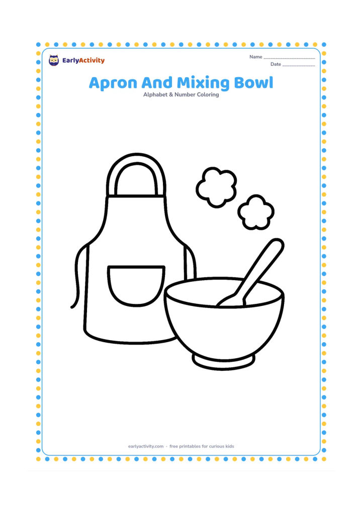 Colouring page: Draw a child-sized apron hanging beside a large mixing bowl with a wooden spoon. Include two simple flour puffs above the bowl, without showing any words or patterns.