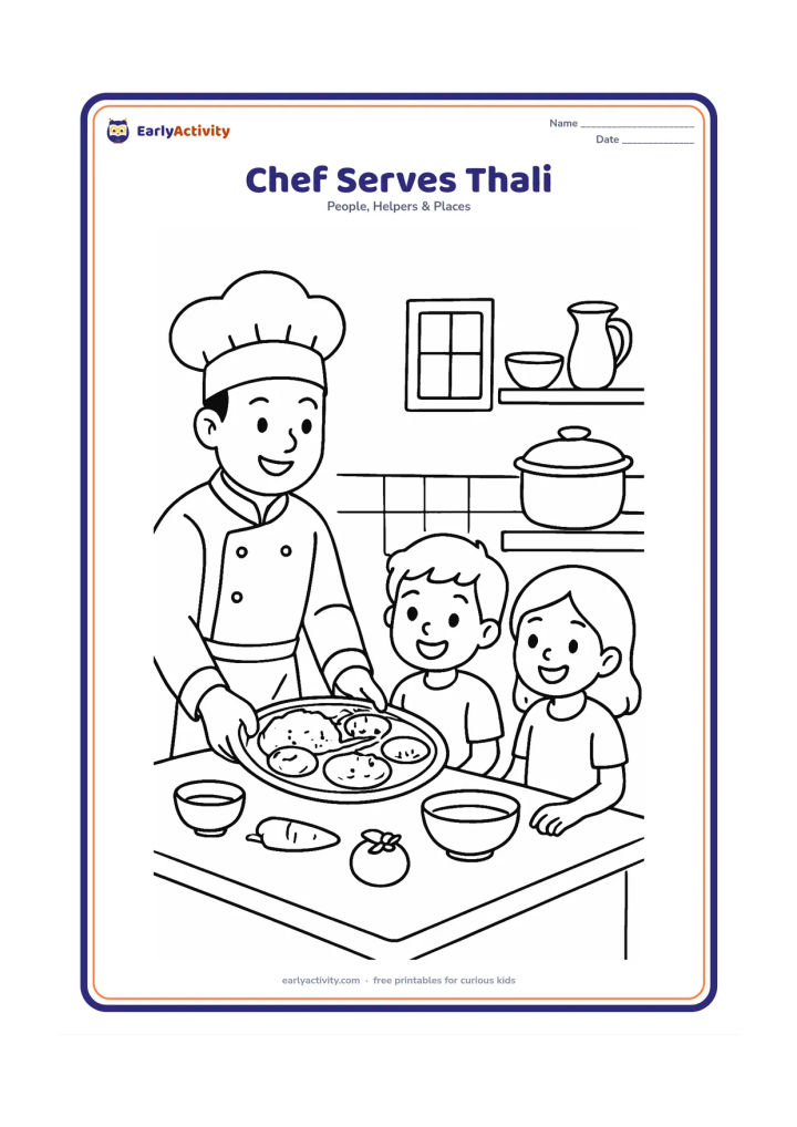 Colouring page: A chef places a simple thali meal on a table for two happy children in a clean Indian kitchen or school lunch area. Include a serving pot, bowls, vegetables, a shelf and a window, with…