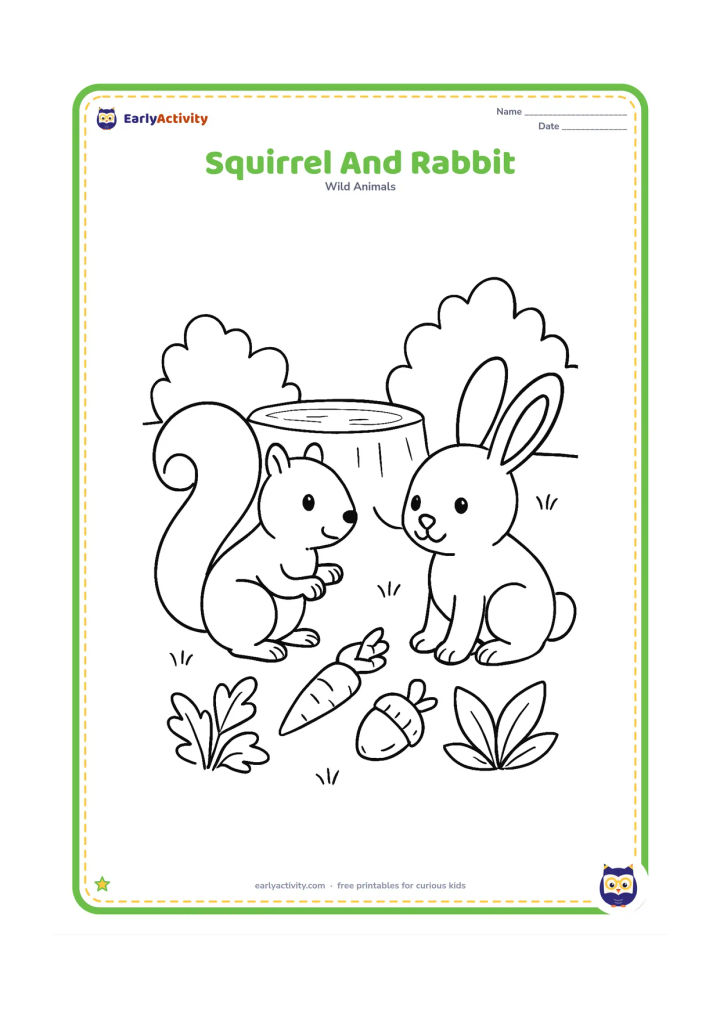 Colouring page: Draw a squirrel and a friendly rabbit sharing a woodland clearing beside a stump, with an acorn, a carrot, and leafy plants between them.