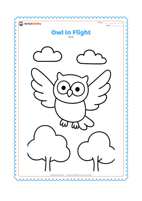 Colouring page: A full-body owl flies with both wings spread wide above two rounded treetops and a few large clouds.