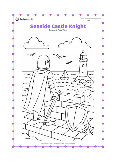 Colouring page: A knight stands on a seaside castle wall watching a small sailing boat, with a shield resting beside the parapet. Add waves, a lighthouse-like tower, seabirds, rocky shore plants, and…