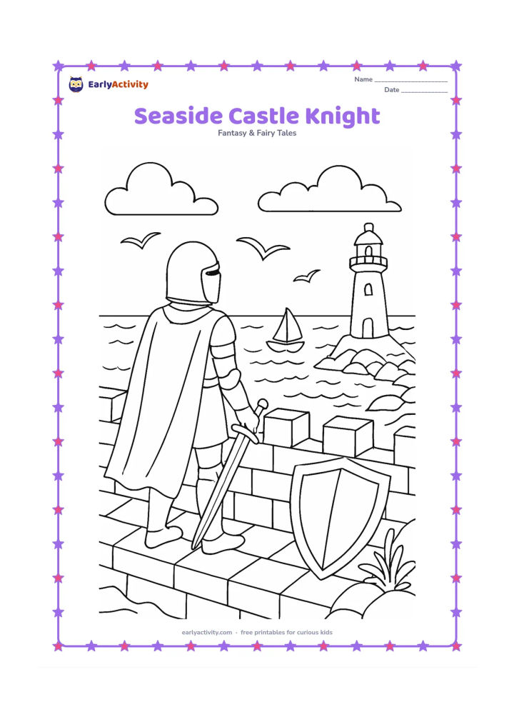 Colouring page: A knight stands on a seaside castle wall watching a small sailing boat, with a shield resting beside the parapet. Add waves, a lighthouse-like tower, seabirds, rocky shore plants, and…