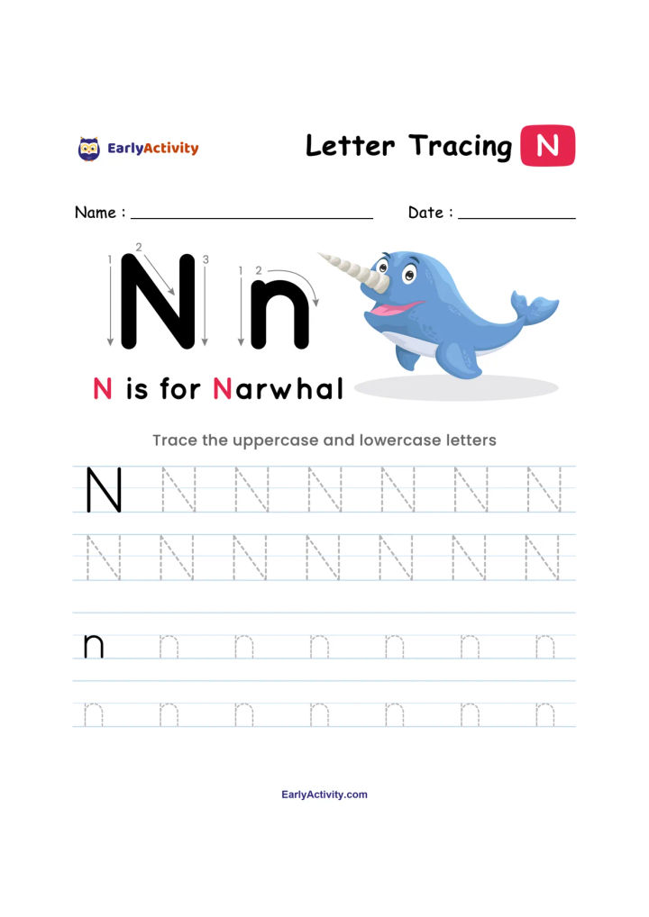 बड़े और छोटे N अक्षरों, मुस्कुराते हुए नरव्हेल और “N is for Narwhal” शब्दों वाली ट्रेसिंग वर्कशीट।