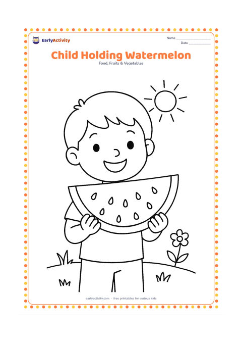 Colouring page: Draw a happy child holding a triangular watermelon slice with both hands. Add simple grass, one small flower and a sun in the background.