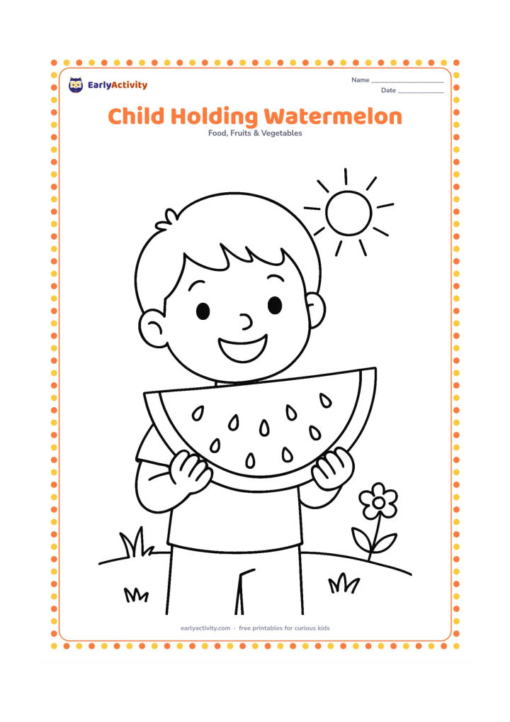 Colouring page: Draw a happy child holding a triangular watermelon slice with both hands. Add simple grass, one small flower and a sun in the background.