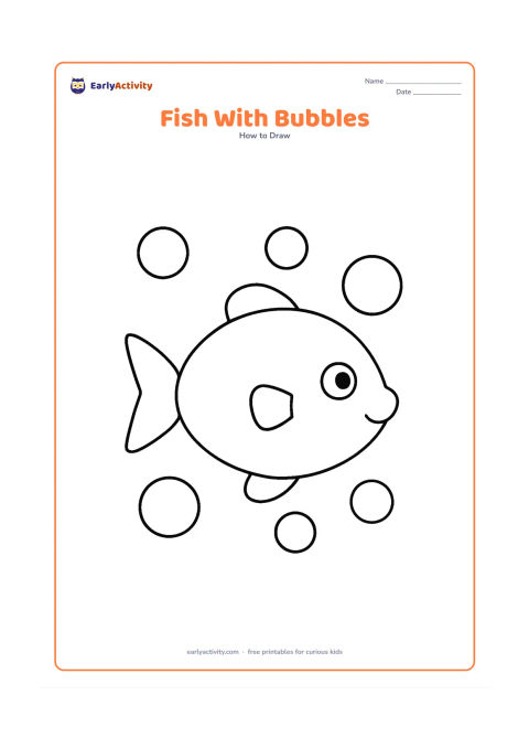 Worksheet: Show one very large side-view fish surrounded by five large round bubbles. Include a rounded body, triangle tail, one eye, and two simple fins, with no other background details.