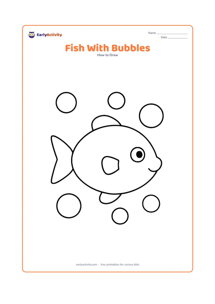 Worksheet: Show one very large side-view fish surrounded by five large round bubbles. Include a rounded body, triangle tail, one eye, and two simple fins, with no other background details.