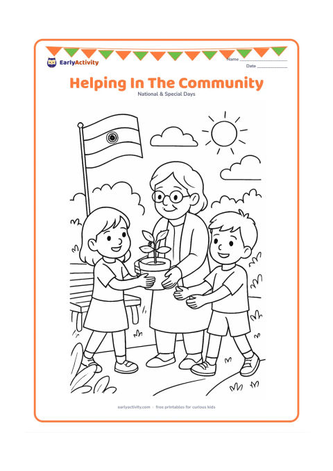 Colouring page: Two children help an older neighbour carry a small potted plant near a community garden where an Indian flag is flying. Show a bench, a path, leafy plants and a sunny sky.