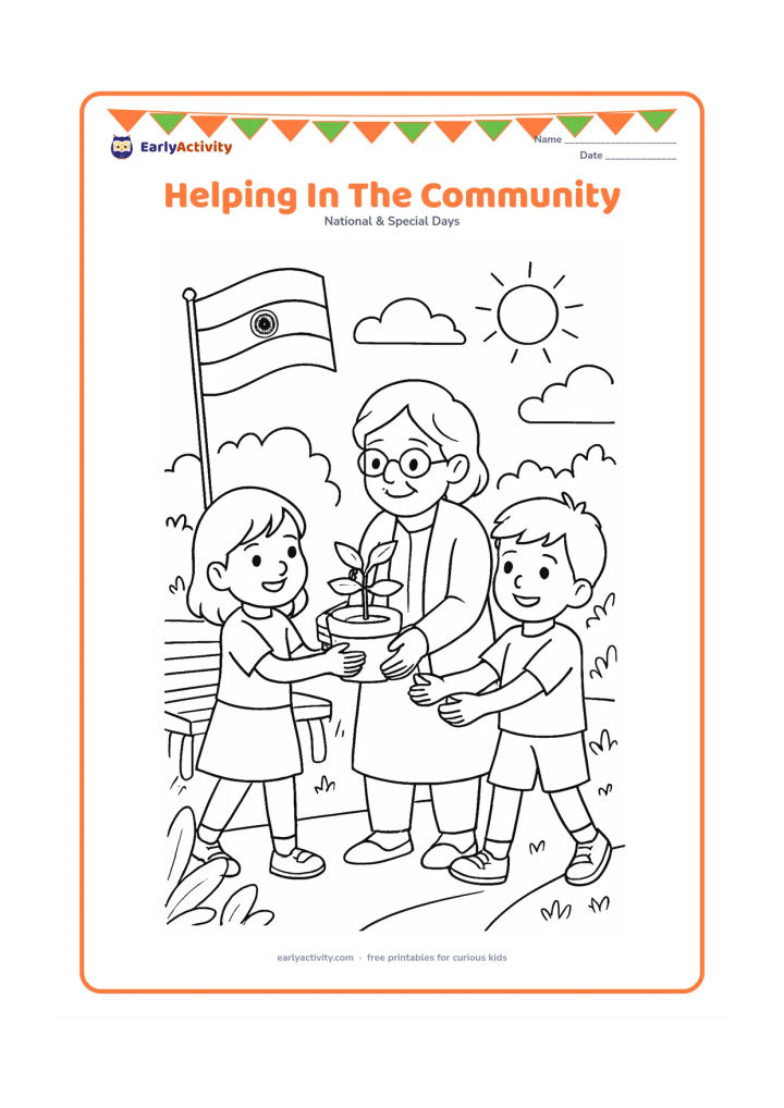 Colouring page: Two children help an older neighbour carry a small potted plant near a community garden where an Indian flag is flying. Show a bench, a path, leafy plants and a sunny sky.