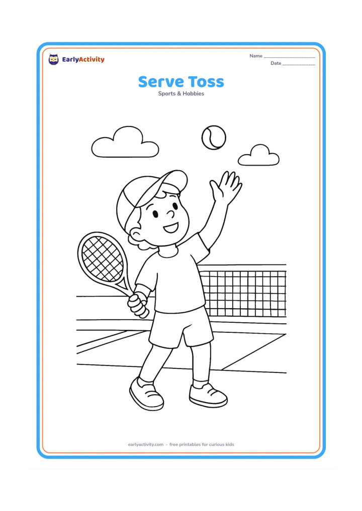 Colouring page: A child tosses a tennis ball upward before serving, with the racket drawn behind the body, a net and service boxes in the background, and a few clouds overhead.