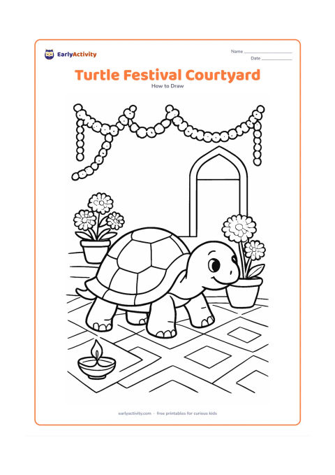 Worksheet: Draw a friendly turtle exploring an Indian courtyard decorated with flower garlands, potted marigolds and a broad geometric floor pattern. Include a small clay lamp and a doorway, with…