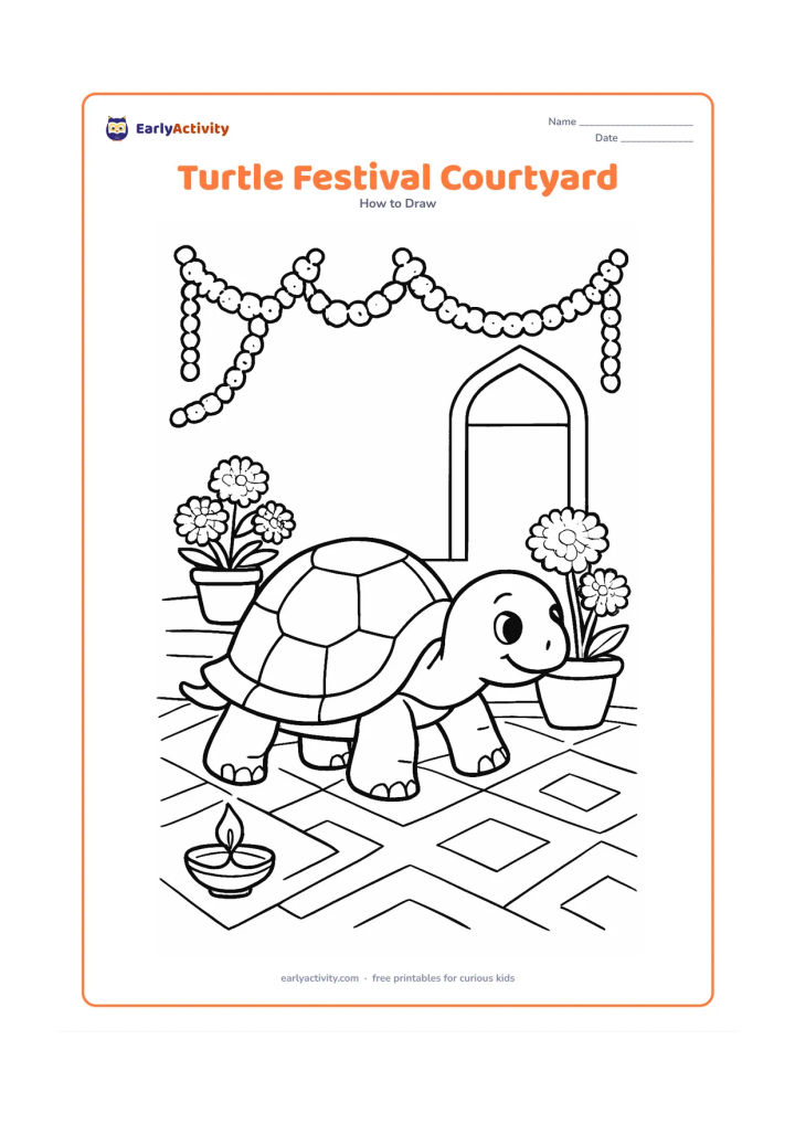Worksheet: Draw a friendly turtle exploring an Indian courtyard decorated with flower garlands, potted marigolds and a broad geometric floor pattern. Include a small clay lamp and a doorway, with…