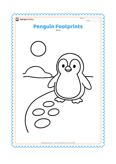 Colouring page: Draw a cheerful penguin standing at one end of a simple snowy path, with a short trail of large footprints leading toward it. Add one low snowbank and a round sun.