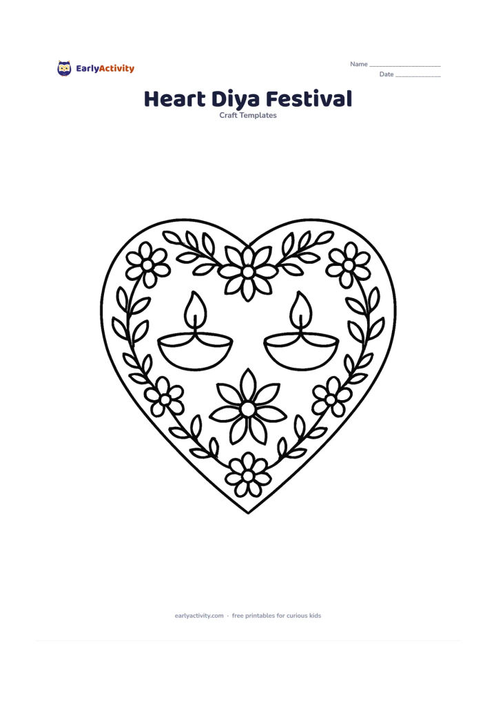 Worksheet: Draw a large heart-shaped frame decorated with symmetrical floral motifs, enclosing two simple diyas, flower petals and a small rangoli pattern. Keep the flames gentle and rounded and…