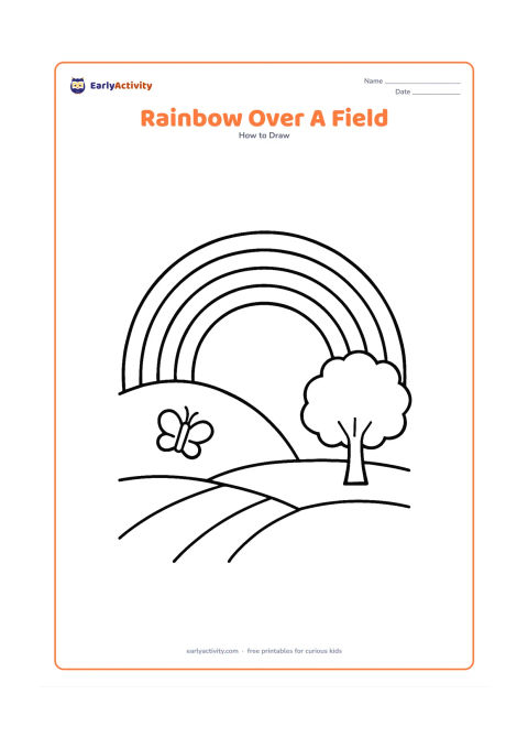 Worksheet: A large rainbow arches over a simple field with two broad crop rows, one tree and a small butterfly. Keep the ground shapes low so the rainbow has plenty of room.