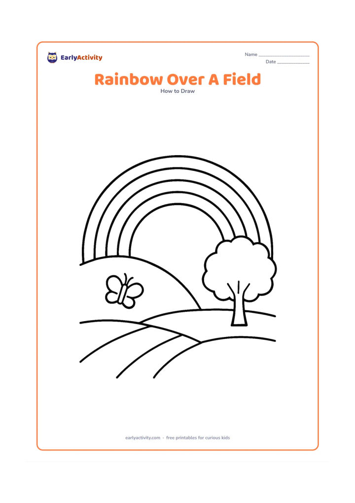 Worksheet: A large rainbow arches over a simple field with two broad crop rows, one tree and a small butterfly. Keep the ground shapes low so the rainbow has plenty of room.