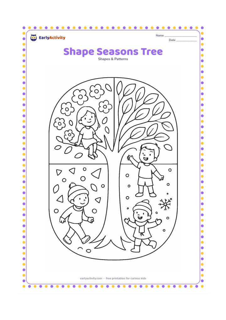 Colouring page: Draw one large tree divided into four seasonal sections: spring circles and flowers, summer leafy ovals, autumn falling triangles and circles, and winter snowflake-like geometric stars.…