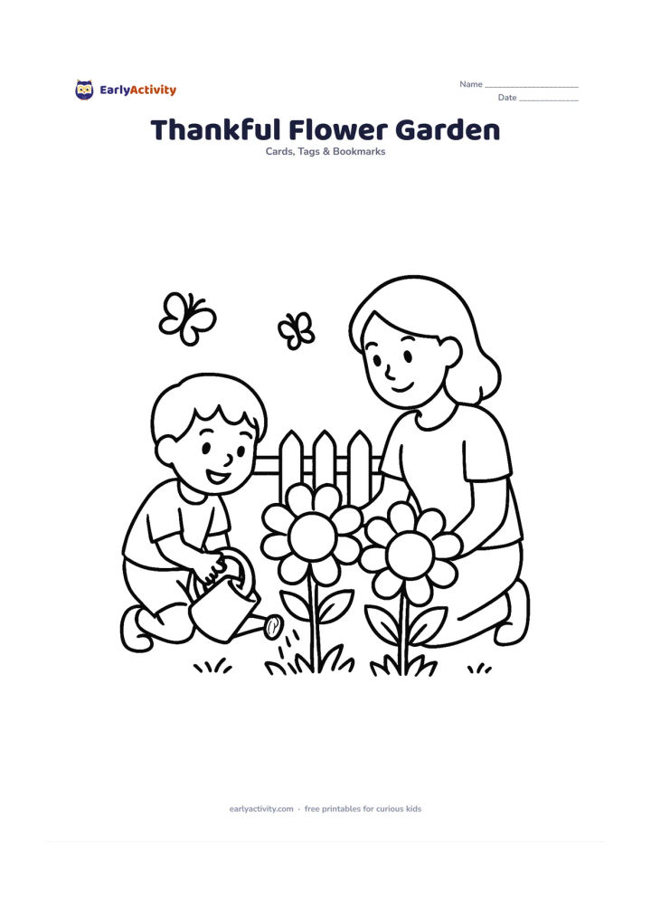 Worksheet: A child kneels beside a mother in a garden, watering three large flowers, each with a wide blank centre for a separate personal detail. Add a small watering can, fence and butterflies,…