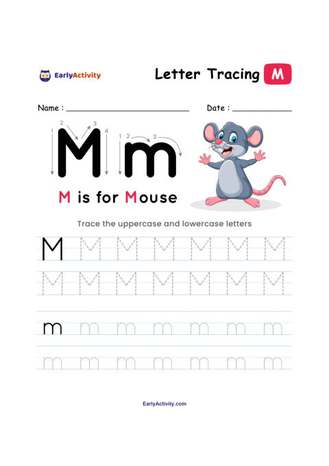 Tracing worksheet with uppercase and lowercase letter M, numbered stroke guides, dotted practice rows, and a cartoon mouse.