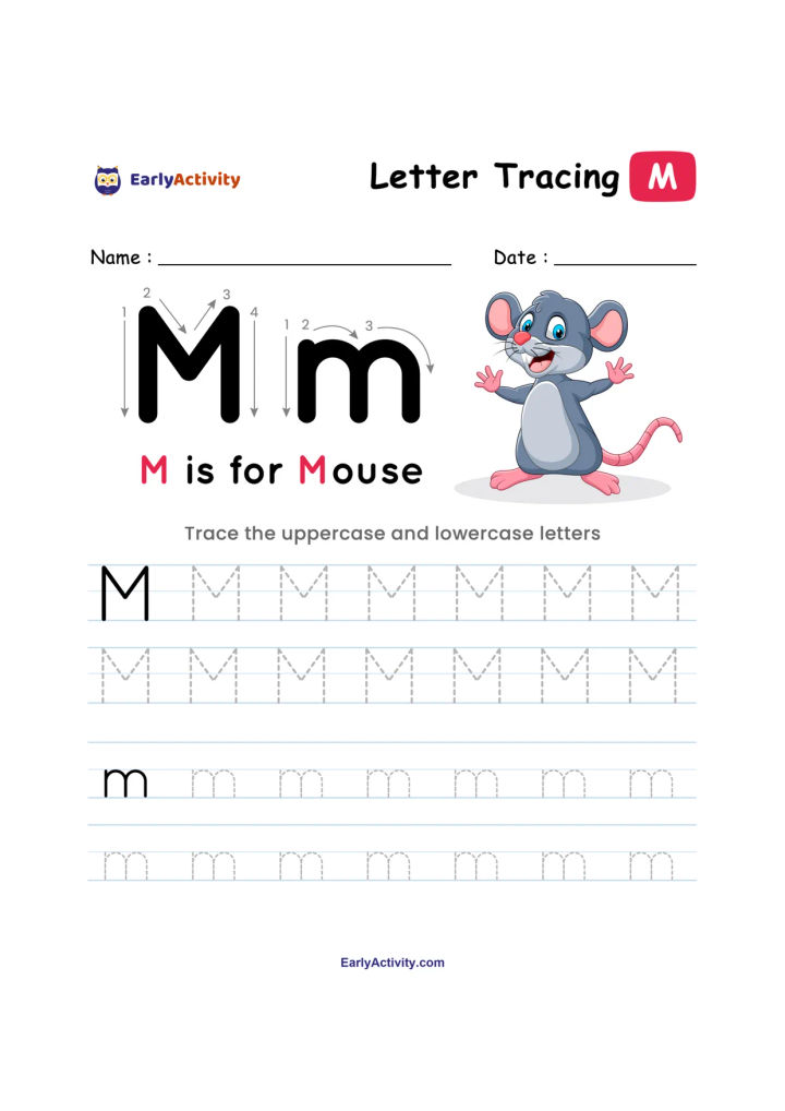 Tracing worksheet with uppercase and lowercase letter M, numbered stroke guides, dotted practice rows, and a cartoon mouse.