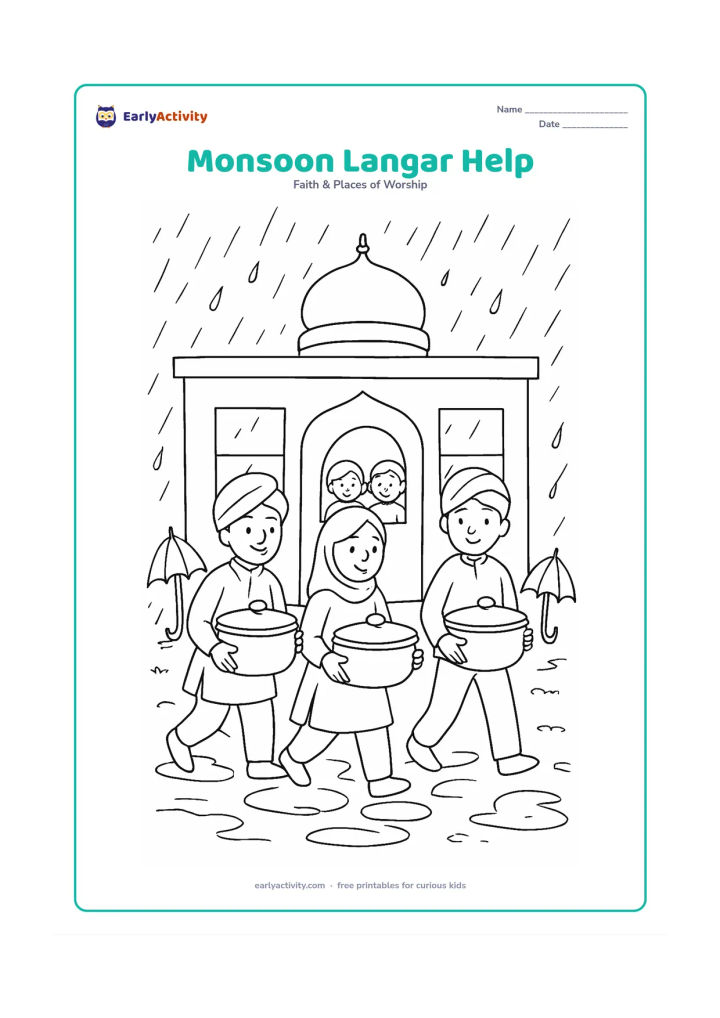 Colouring page: Show volunteers carrying covered food pots into a gurudwara langar hall while rain falls outside. Include umbrellas near the entrance, wet stepping stones, windows and children watching…