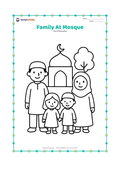 Colouring page: Two adults and two children in modest festive clothing stand together outside a simple mosque, with a doorway, crescent ornament and one tree. Show the family holding hands or standing…