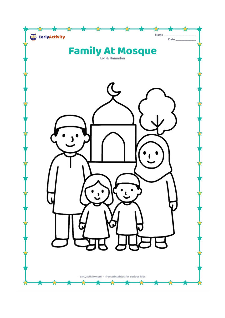 Colouring page: Two adults and two children in modest festive clothing stand together outside a simple mosque, with a doorway, crescent ornament and one tree. Show the family holding hands or standing…
