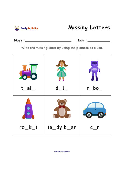 Worksheet page with six picture clues, including a train, doll, robot, rocket, teddy bear and car, for completing missing letters.