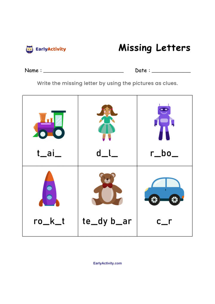 Worksheet page with six picture clues, including a train, doll, robot, rocket, teddy bear and car, for completing missing letters.