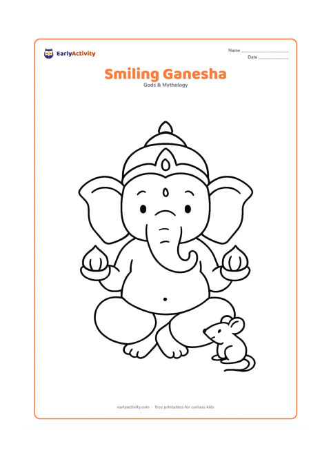 Colouring page: A friendly seated Lord Ganesha faces forward with a large crown, wide ears, curved trunk, round belly and one modak in each hand. Place a small mouse beside his feet and leave the…
