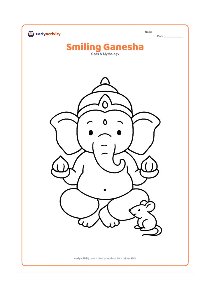 Colouring page: A friendly seated Lord Ganesha faces forward with a large crown, wide ears, curved trunk, round belly and one modak in each hand. Place a small mouse beside his feet and leave the…