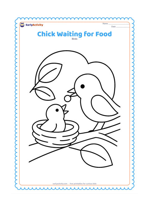 Colouring page: One open-beaked chick sits in a nest on a low branch while a parent bird approaches with a small berry. Add two large leaves and a bright sky area.