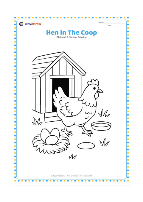 Colouring page: A hen steps out of a small open coop while three eggs rest in a nest of straw, with a water dish and a few grass tufts nearby. The coop should have plain boards and no written sign.