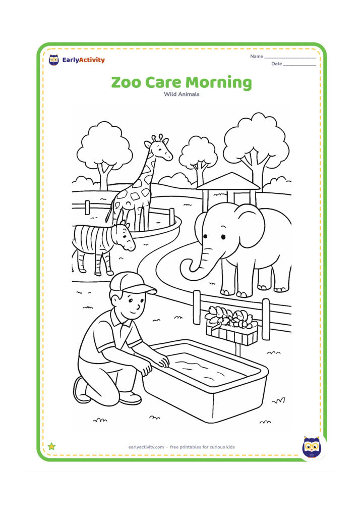 Colouring page: In a clean morning zoo habitat, a keeper checks a water trough while an elephant, giraffe and zebra occupy separate areas beyond a low fence. Include fresh leafy food in a feeding rack,…