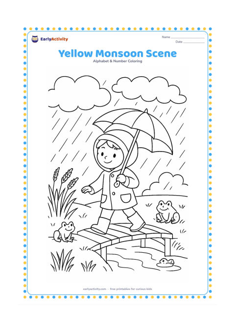 Colouring page: Draw a child in a yellow raincoat crossing a small footbridge with an umbrella, while frogs sit near rice plants and monsoon clouds fill the background.