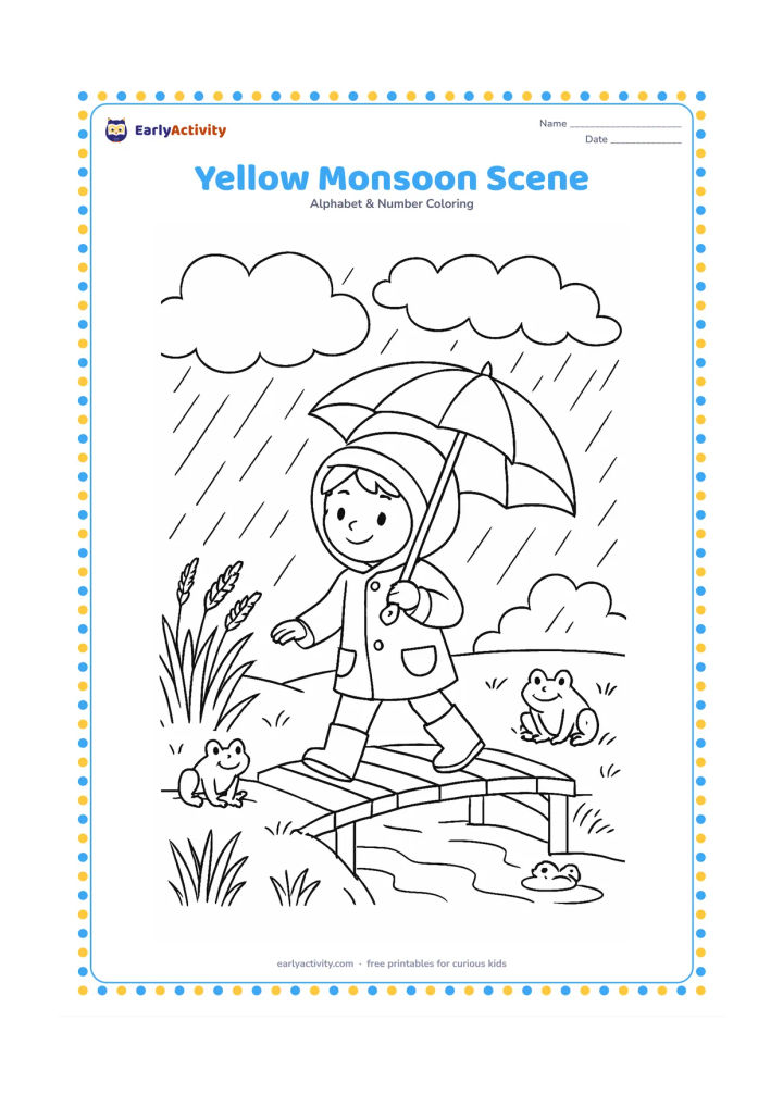 Colouring page: Draw a child in a yellow raincoat crossing a small footbridge with an umbrella, while frogs sit near rice plants and monsoon clouds fill the background.
