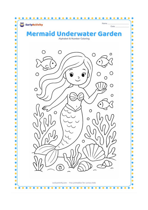 Colouring page: Draw a mermaid swimming through an underwater garden with coral, sea plants, shells, bubbles and three friendly fish. Show her holding a small treasure shell, with no writing or symbols.