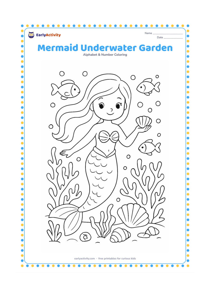 Colouring page: Draw a mermaid swimming through an underwater garden with coral, sea plants, shells, bubbles and three friendly fish. Show her holding a small treasure shell, with no writing or symbols.