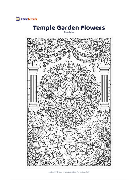 Colouring page: Create a floral mandala of lotus, jasmine and hibiscus blooms arranged around a central stone flower bowl. Set it in a peaceful Indian temple garden with columns, hanging garlands, leafy…