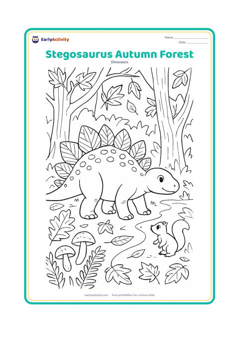 Colouring page: Draw a Stegosaurus walking through an autumn prehistoric forest with patterned back plates, fallen leaves, tree trunks, mushrooms, ferns and a winding trail. Add a squirrel-like small…
